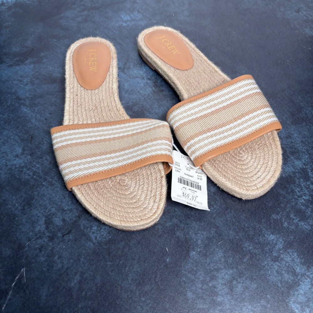 New J. Crew Neutral Striped Woven Slide Sandals Size 9